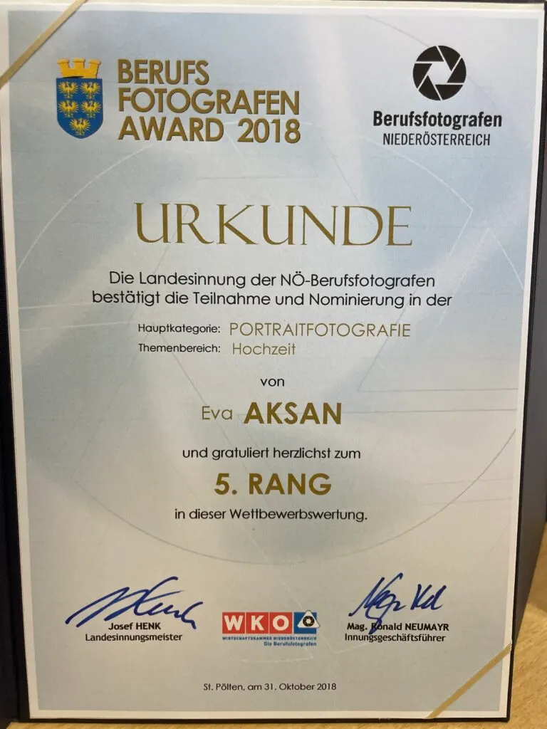 Urkunde Berufsfotografen Award 2018 für Eva Aksan, 5. Rang im Themenbereich Hochzeit