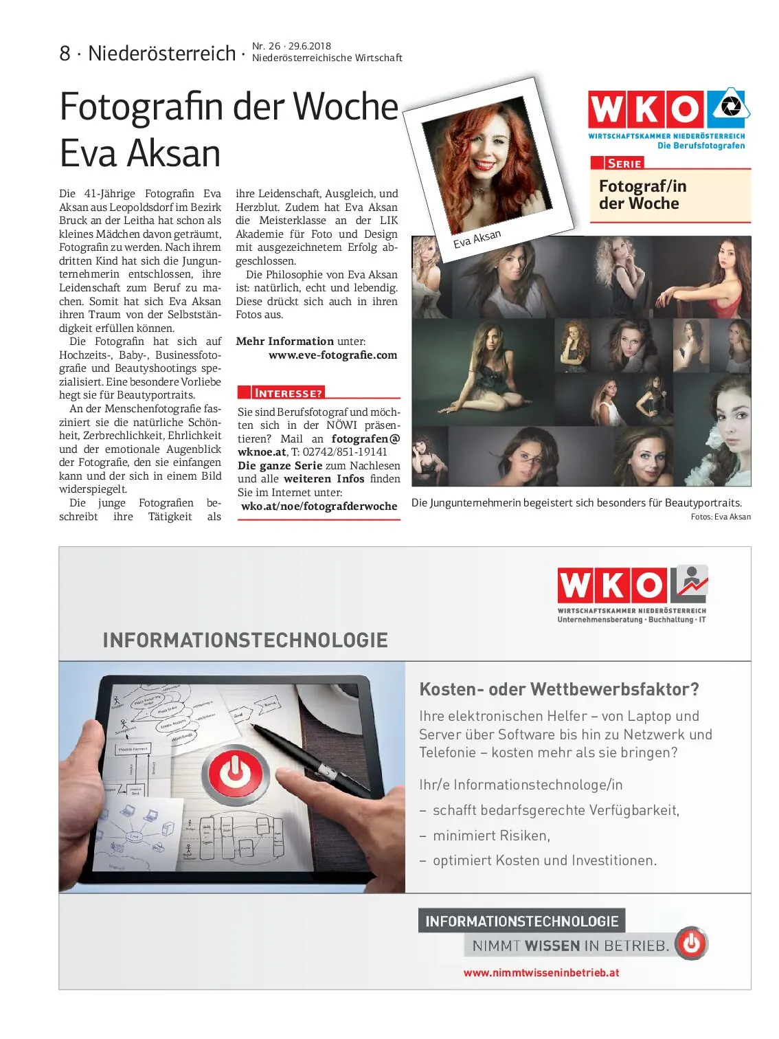 Zeitungsseite mit Artikel Fotografin der Woche Eva Aksan und Galerie von Porträtfotos